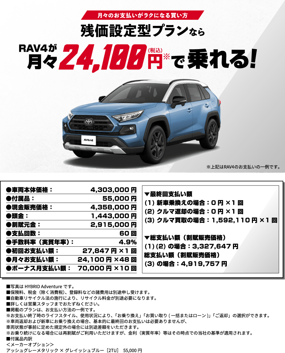 残価設定型プランならRAV4が月々24,100円(税込)で乗れる！